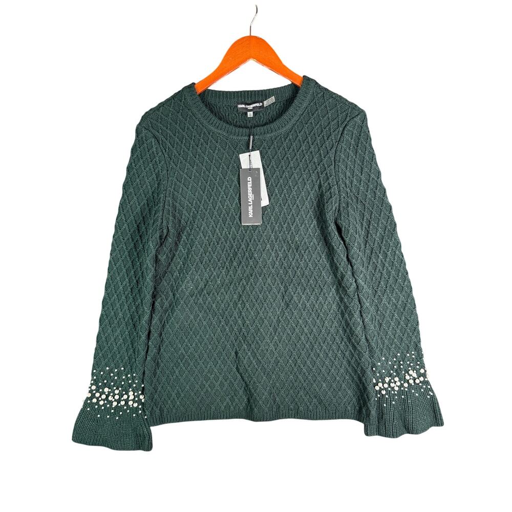 Karl Langerfeld Paris‎ Quilted Pearl Sleeve Sweater Dark Green Womens Small NEW